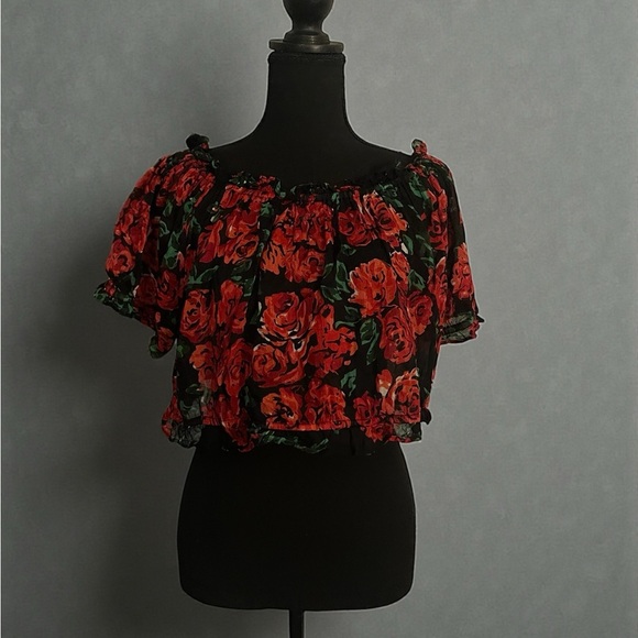 Fashion Passport Tops - floral off the shoulder crop top rose, print cotton, Boho blouse size large